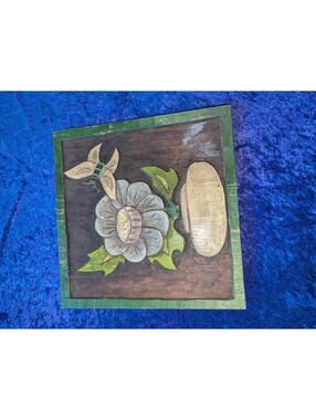 Hand-Carved Wooden Wall Art Plaque with Floral and Butterfly Design